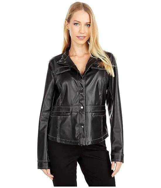 Faux Leather Snap Front Jacket