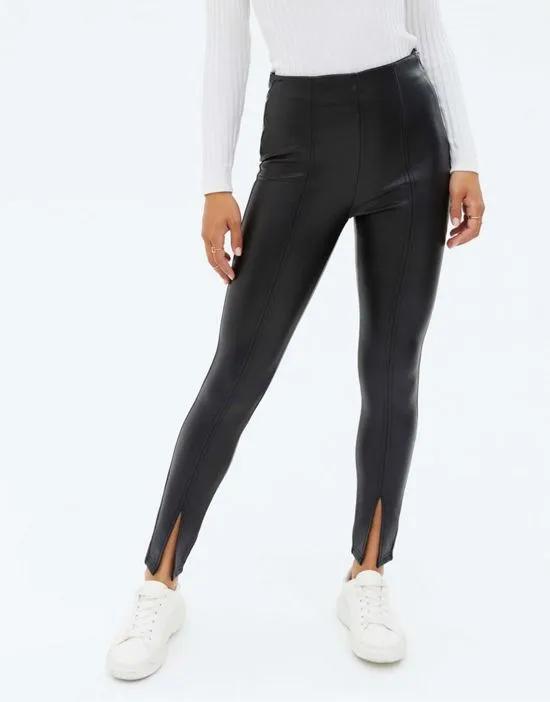 faux leather split front pants legging in black