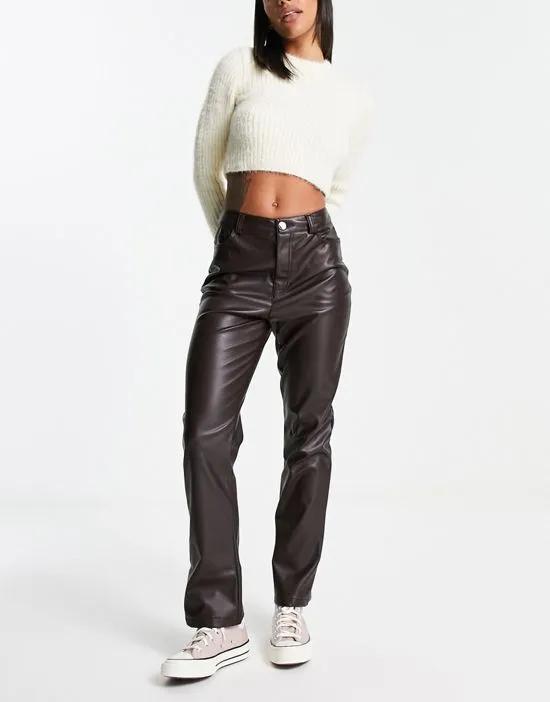 faux leather straight leg pants in brown