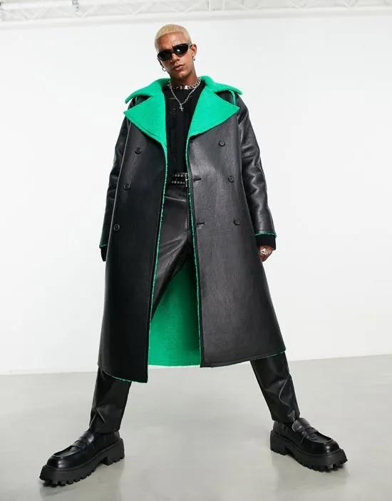 faux leather trench coat with contrast borg lining in black