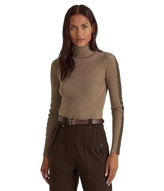 Faux-Leather-Trim Turtleneck Sweater