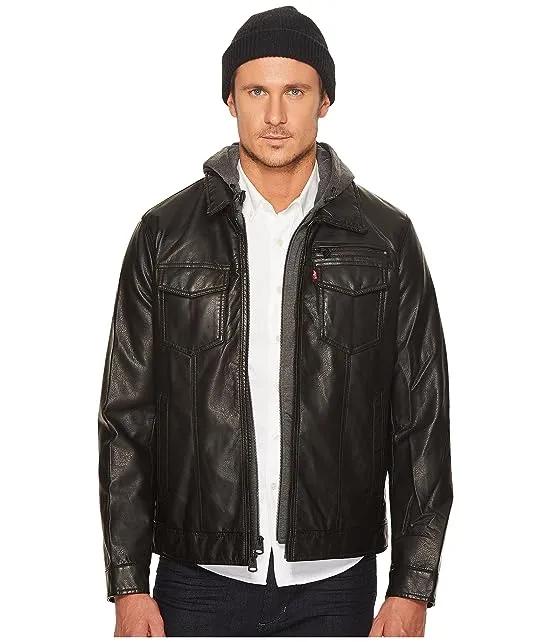 Faux Leather Trucker with Jersey Hood and Fleece Lining