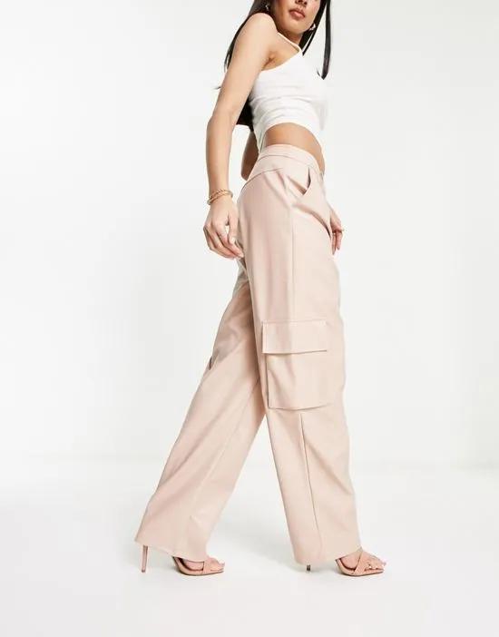 faux leather wide leg cargo pants in taupe