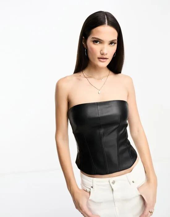 faux leather zip through corset top in black