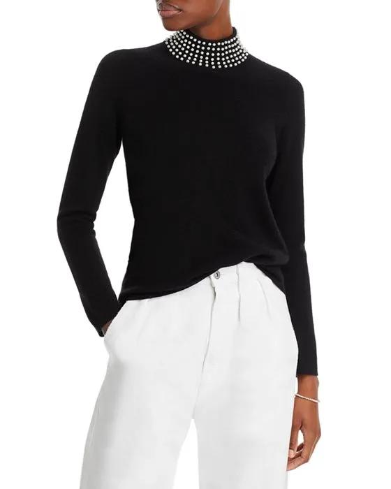Faux Pearl Embellished Mock Neck Cashmere Sweater - 100% Exclusive