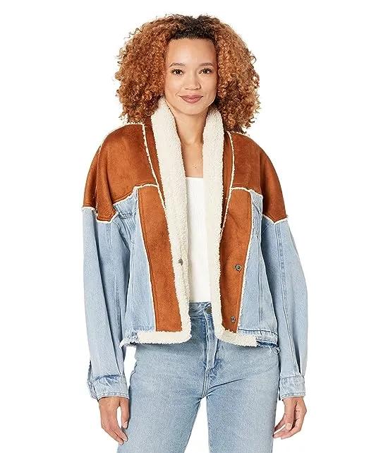 Faux Suede Bonded Denim Jacket with Sherpa Collar in Caption This