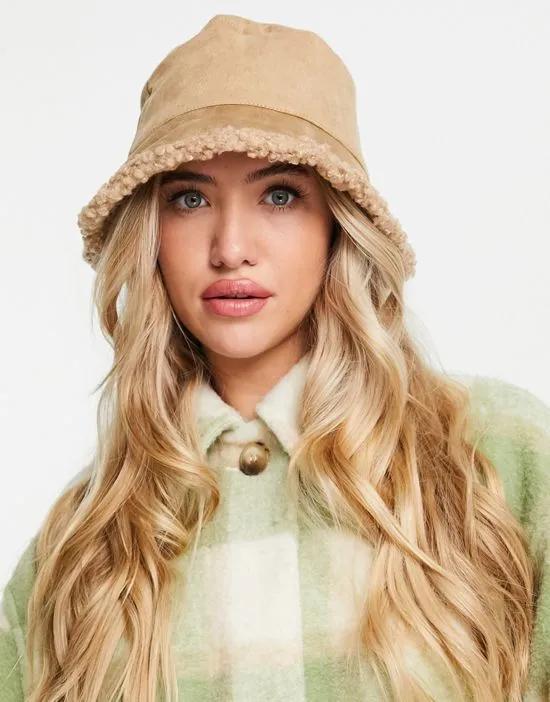faux suede bucket hat with sherpa trim in camel