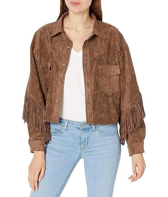 Faux Suede Fringe Shirt Jacket in Hot Cocoa