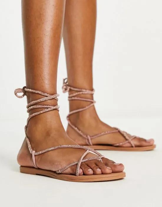 Faye leather embellished flat sandals in rose gold