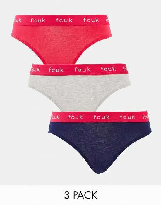 FCUK 3 pack briefs in pink, navy and gray