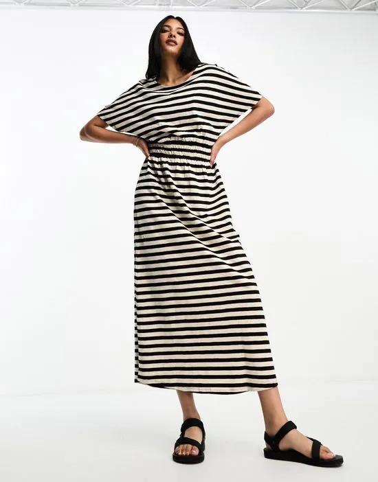 Femme shirred waist T-shirt maxi dress in bold mono stripe