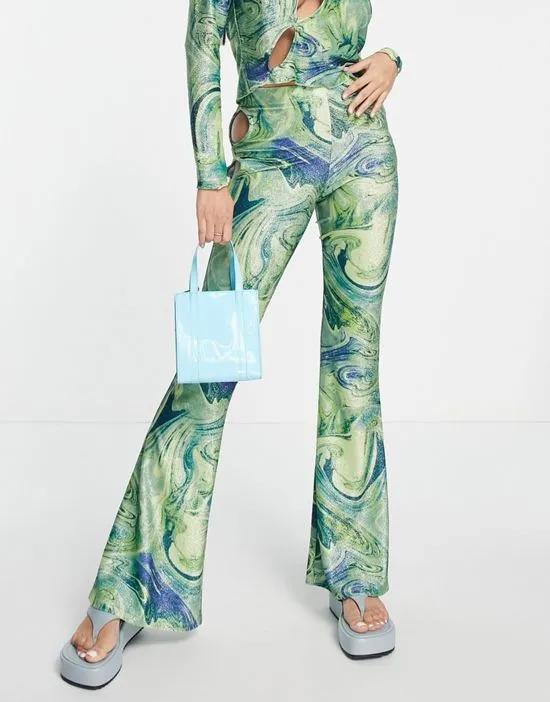 festival cut out flared pants in green marble print - part of a set