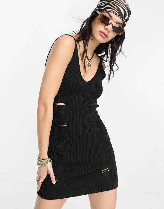 festival knit mini dress with distressing in black