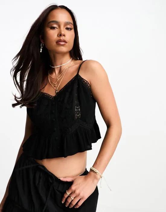 festival lace detail cami top in black