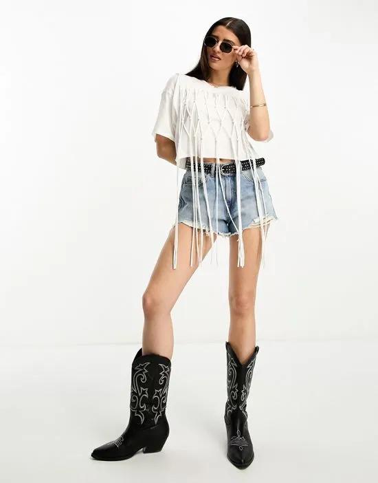 festival macrame cropped fringed t-shirt in cream