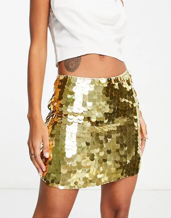 Festival Premium disc sequin mini skirt in gold