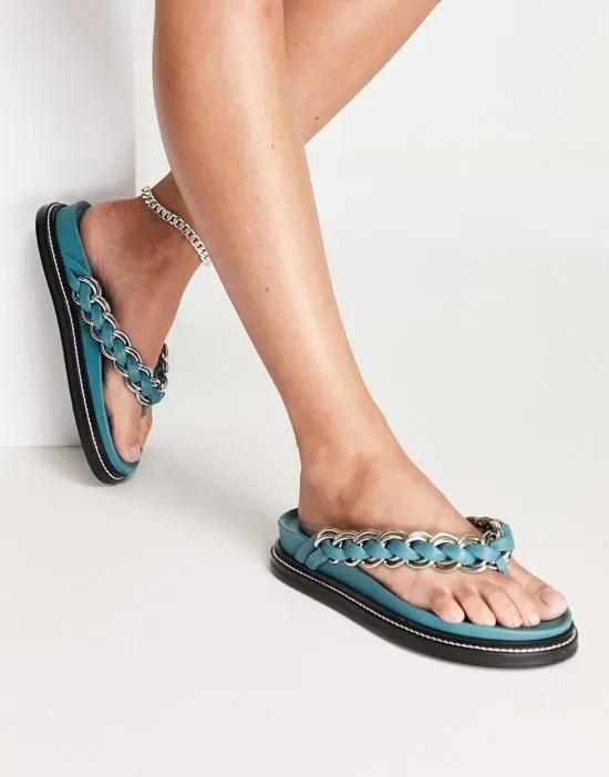 Festive premium leather chain flat sandals in teal