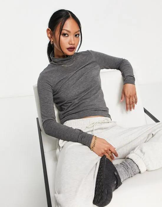 fine knit long sleeve roll neck top in charcoal heather