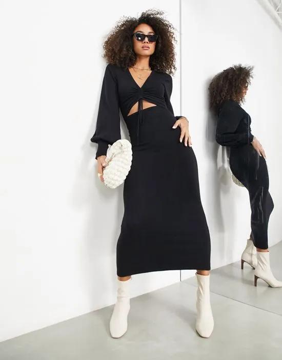 fine knit maxi dress with cut out waist in black