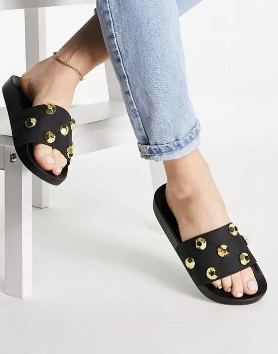 Finery quilted studded slides in black