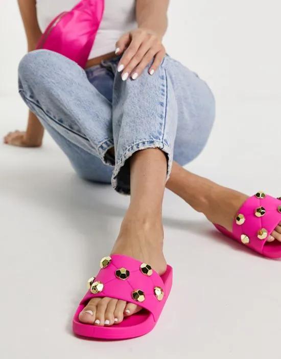 Finery quilted studded slides in hot pink