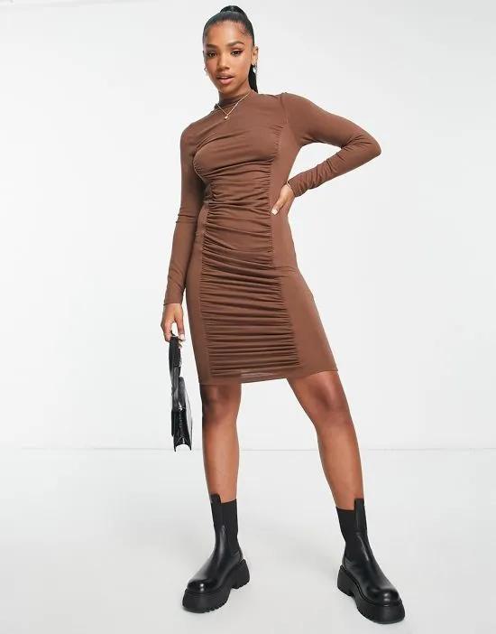 Finta ruched body-conscious mini dress in brown