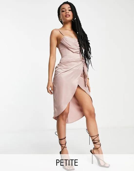 First Distraction The Label Petite satin midi dress with wrap skirt in blush