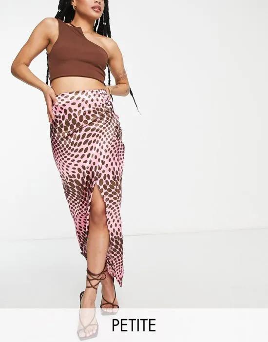 First Distraction The Label Petite satin midi skirt with slit in pink and brown geo print