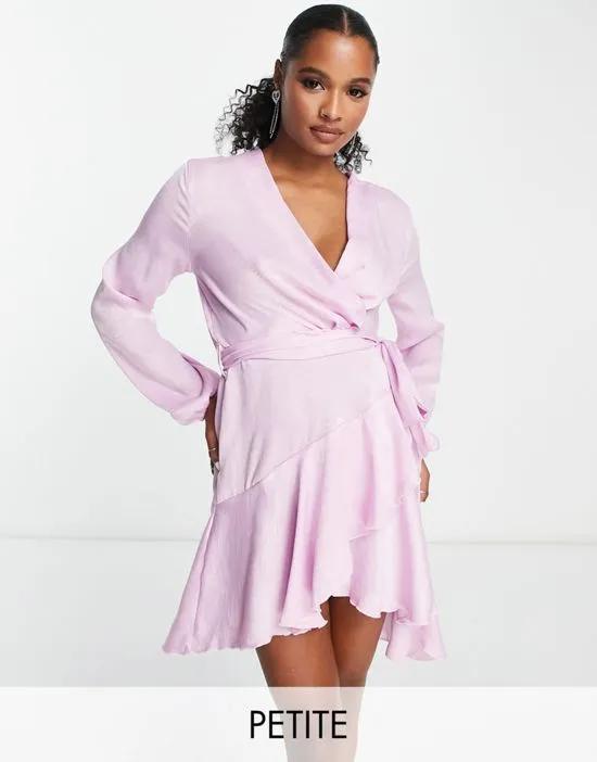 First Distraction The Label Petite satin mini wrap dress in lilac