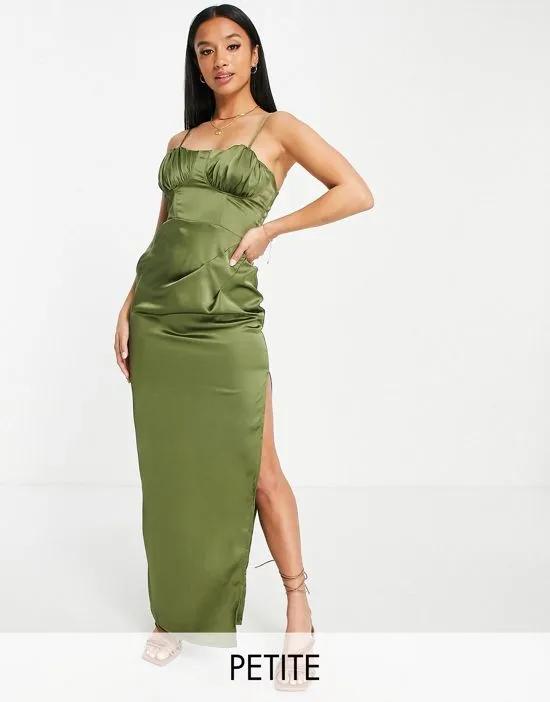 First Distraction the label Petite satin ruched midi dress with thigh split in olive