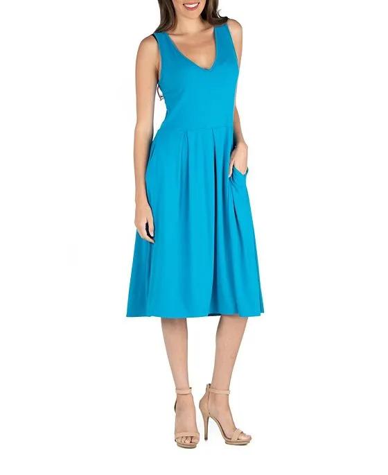 Fit and Flare Midi Sleeveless Dress with Pocket Detail