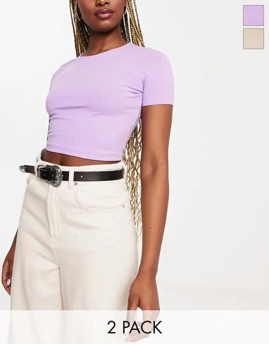 fitted crop t-shirt 2 pack in ecru and purple