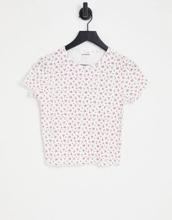 fitted mini T-shirt in ditsy pointelle rib with lettuce hem