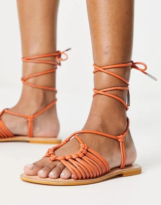 Fizz leather knotted strappy flat sandal in orange