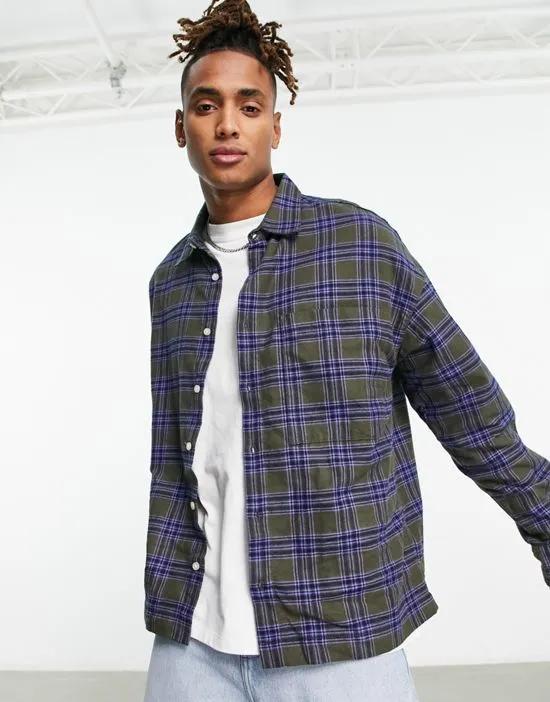 flannel shirt with plaid in olive and blue