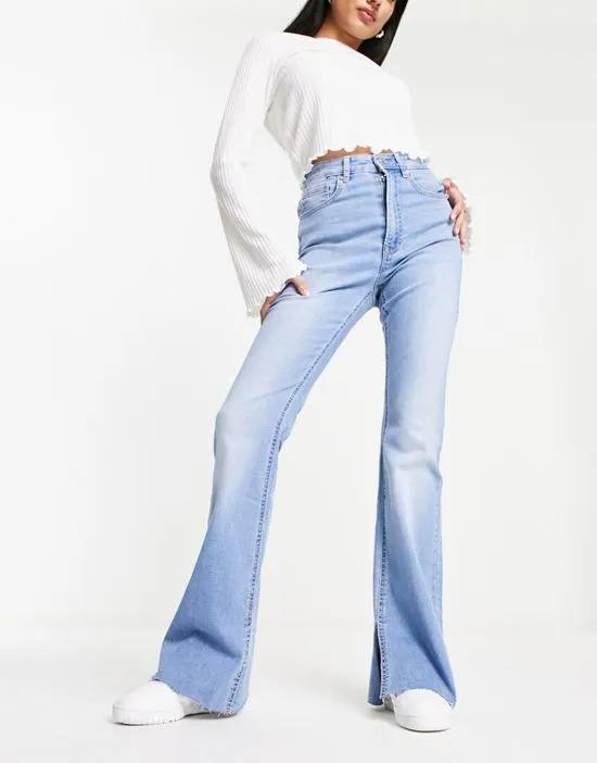 flare jean with side slit in light blue
