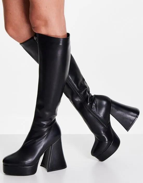 flared heel knee-high boots in black
