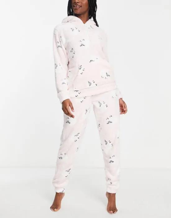 fleece sheep print pajamas with half zip in pink
