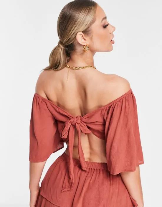 floaty bow back beach crop top in rust