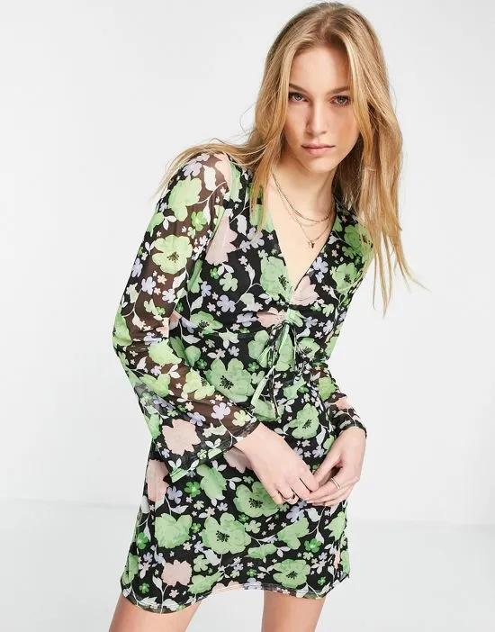 floral 70s mesh flared sleeve mini dress in green