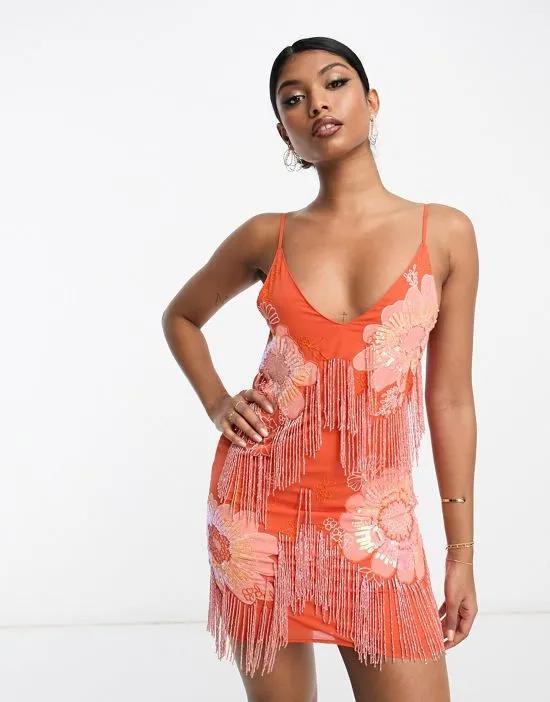 floral applique slip mini dress with embellishment in orange
