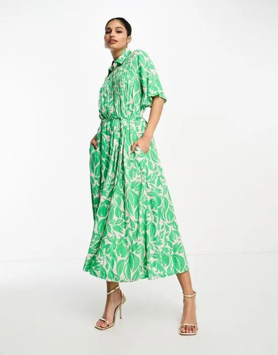 floral belted T-shirt midi dress in green