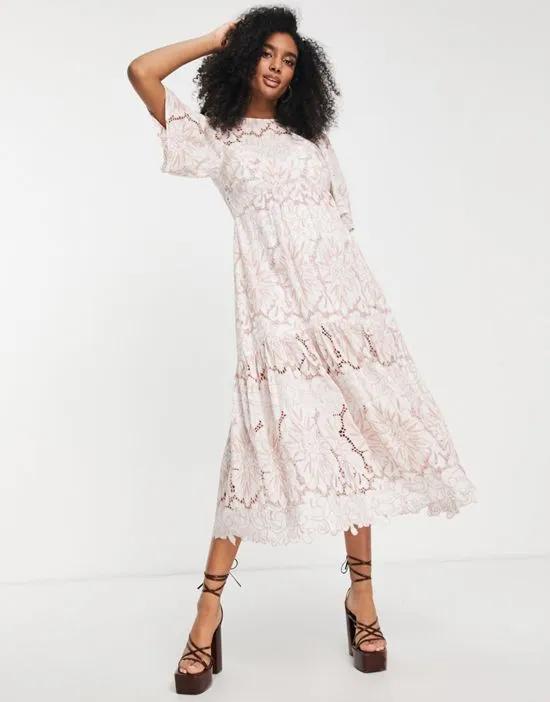 floral broderie tiered midi dress with contrast stitch in blush