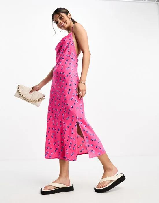 floral cami midi dress with back detail in bright pink