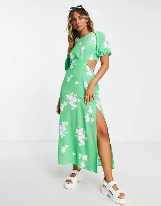 floral cut out midi dress with split detail in green