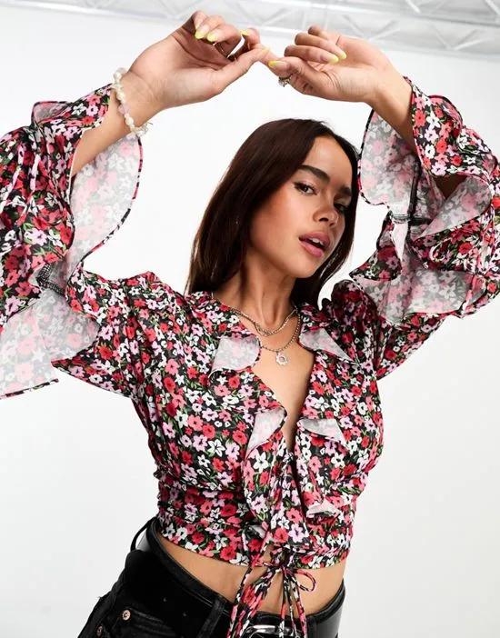 floral ditsy print ruffle edge cropped blouse in multi