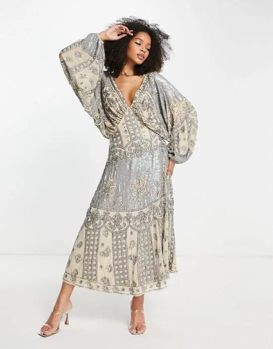 floral embellished batwing midi dress in taupe
