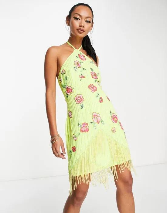 floral embellishment tassel halter neck mini dress in yellow