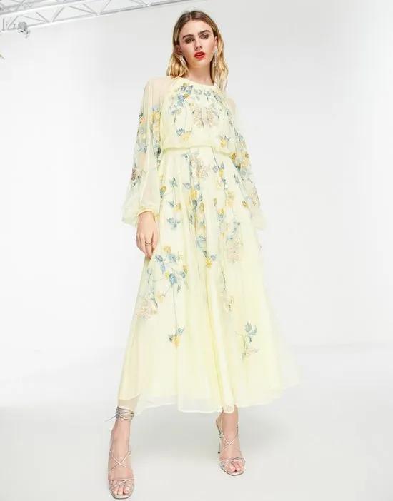 floral embroidered mesh midi dress with blouson sleeves in lemon