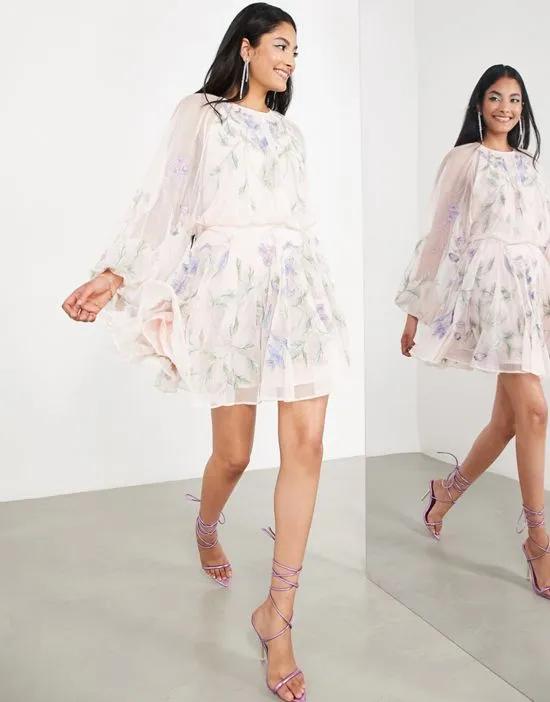floral embroidered mesh mini dress with blouson sleeve in pale pink